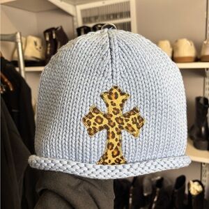 Chrome Hearts Cashmere Knit Beanie – Light Blue w/ Leopard Cross Patch – OS